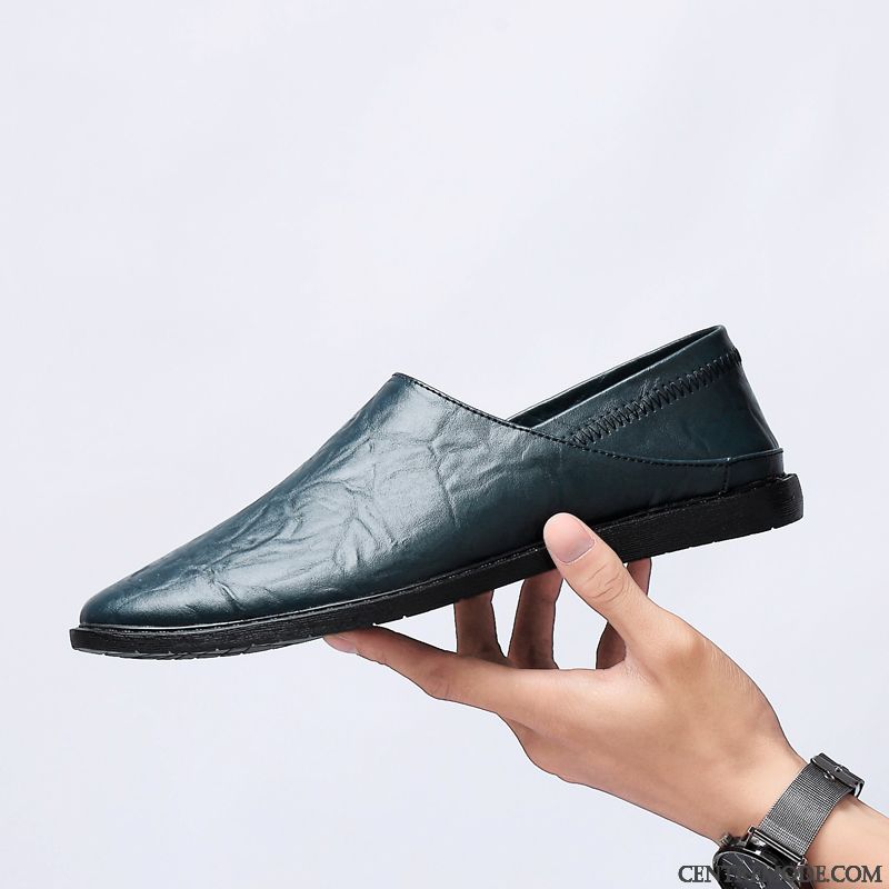 Mocassins Homme Semelle Doux Angleterre Chaussures En Cuir Chaussures De Conduite Cuir Véritable Respirant Bleu