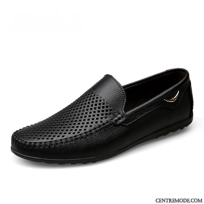 Mocassins Homme Semelle Doux Chaussures En Cuir Sandales Cuir Véritable Été Décontractée Noir