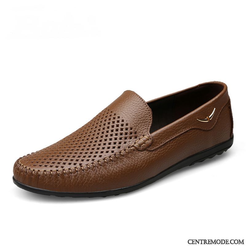 Mocassins Homme Semelle Doux Chaussures En Cuir Sandales Cuir Véritable Été Décontractée Noir