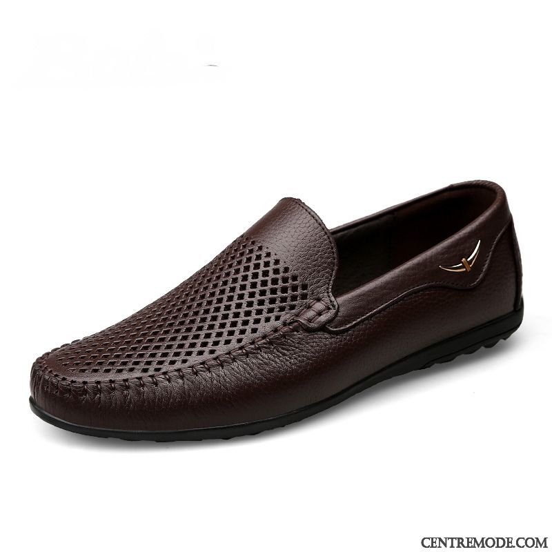 Mocassins Homme Semelle Doux Chaussures En Cuir Sandales Cuir Véritable Été Décontractée Noir