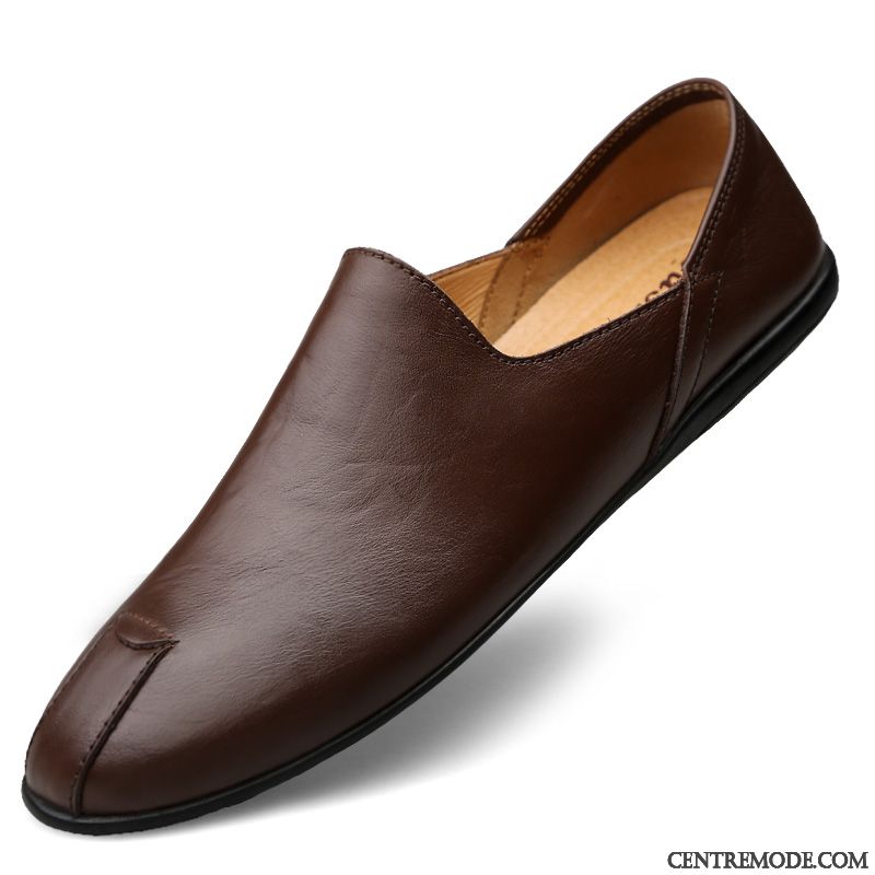 Mocassins Homme Semelle Doux Cuir Véritable Tendance Chaussures En Cuir Décontractée Été Noir