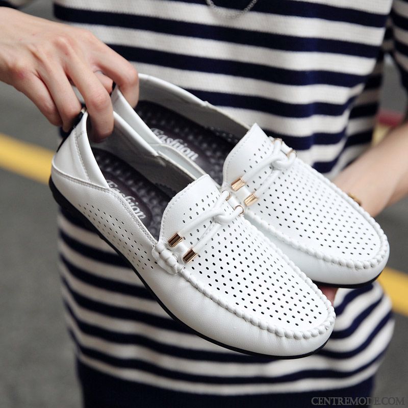 Mocassins Homme Slip-on Été Cuir Véritable Décontractée Creux Guipure Respirant Bleu Blanc