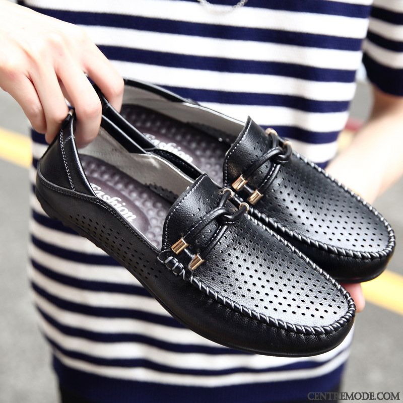 Mocassins Homme Slip-on Été Cuir Véritable Décontractée Creux Guipure Respirant Bleu Blanc