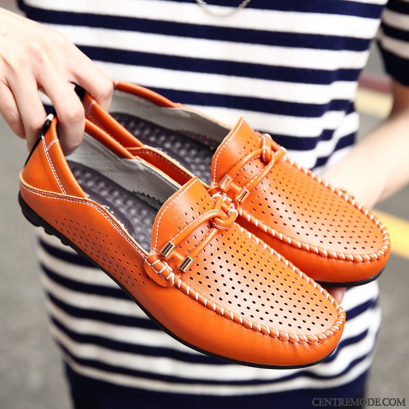 Mocassins Homme Slip-on Été Cuir Véritable Décontractée Creux Guipure Respirant Bleu Blanc