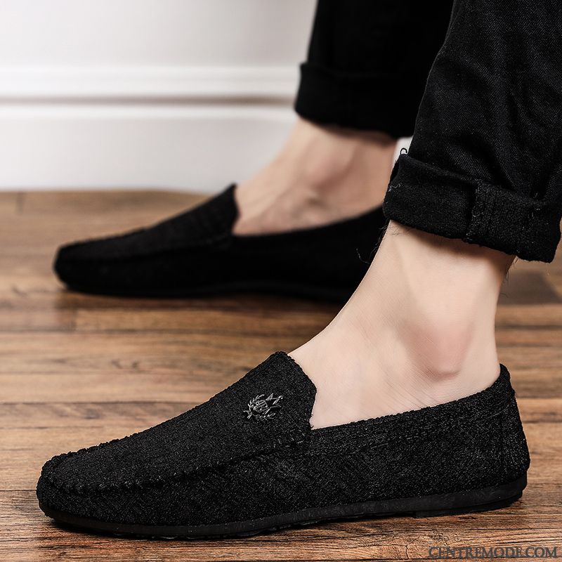 Mocassins Homme Tendance Été Chaussures En Cuir Décontractée Tous Les Assortis Respirant Noir