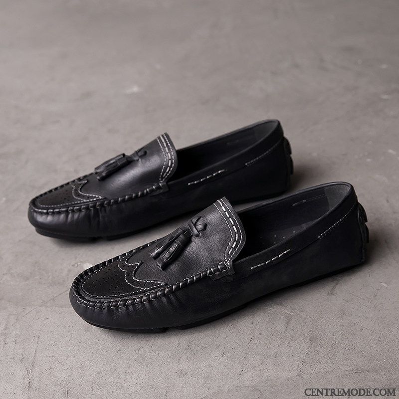 Mocassins Homme Tendance Été Cuir Véritable Flâneurs Slip-on Tous Les Assortis Noir