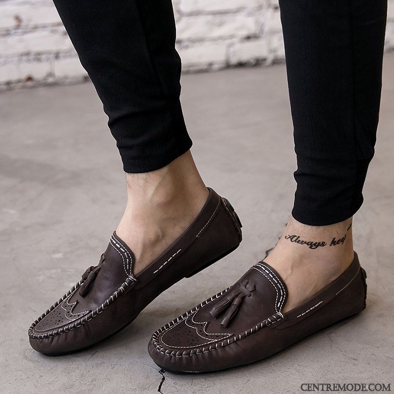 Mocassins Homme Tendance Été Cuir Véritable Flâneurs Slip-on Tous Les Assortis Noir