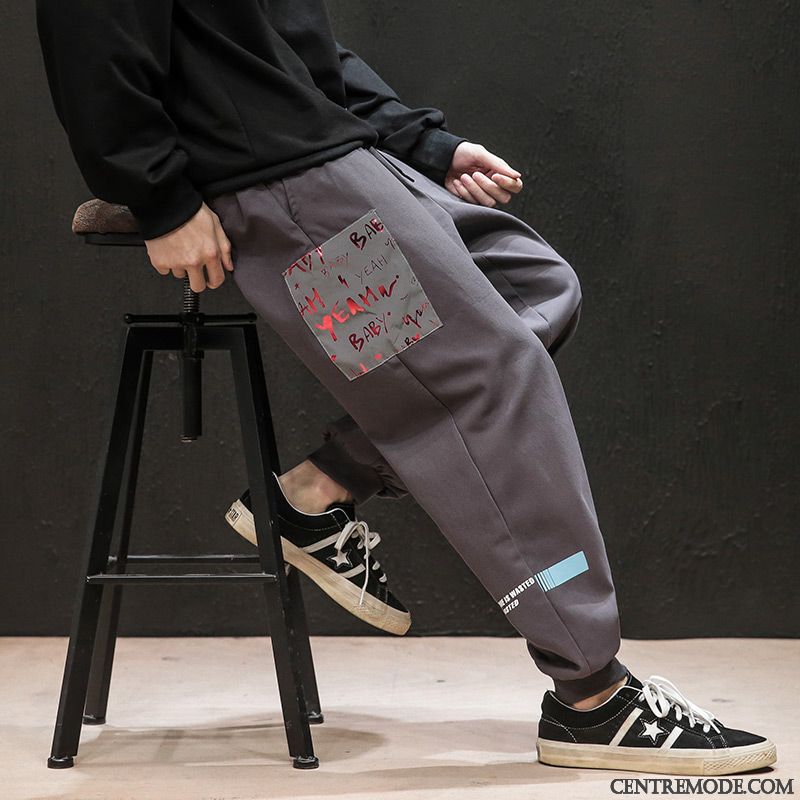 Pantalon Cargo Homme Grande Taille Baggy Tendance L'automne Gras Jambe Droite Impression Noir