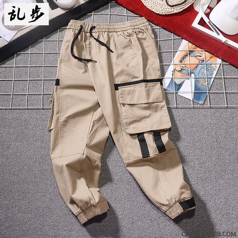 Pantalon Cargo Homme Rétro Marque De Tendance Serrés Été Multi-poche Noir