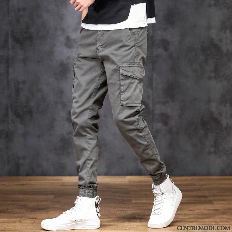 Pantalon Cargo Homme Slim Pantalons Serrés Tendance Légère Printemps Gris Foncé