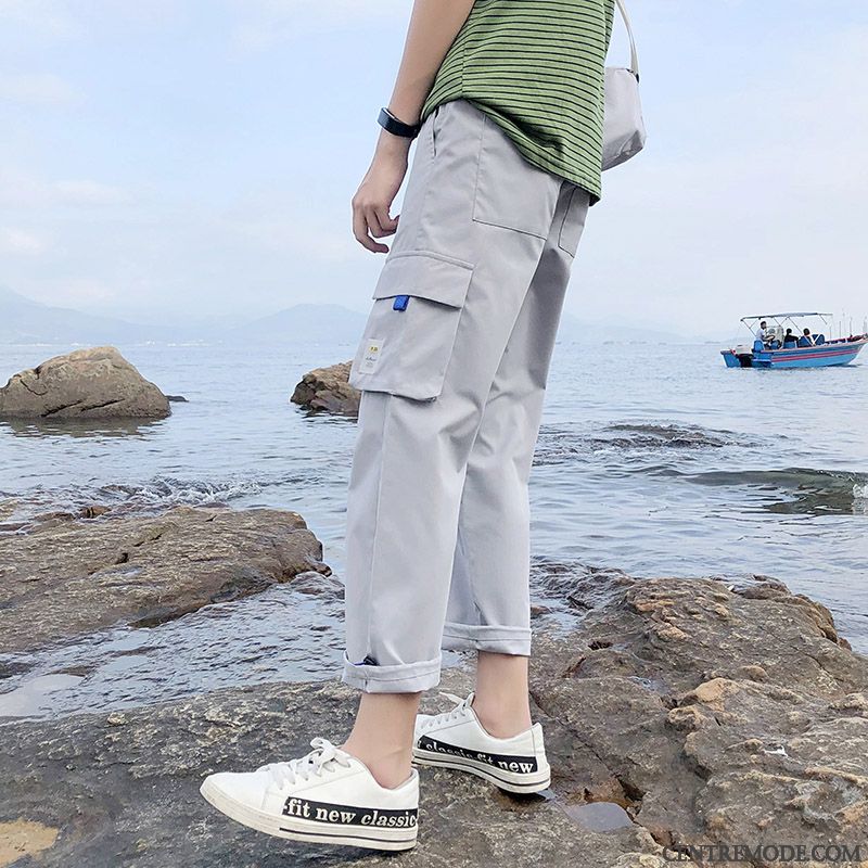 Pantalon Cargo Homme Été Tendance Légère Jambe Droite Baggy Décontractée Blanc