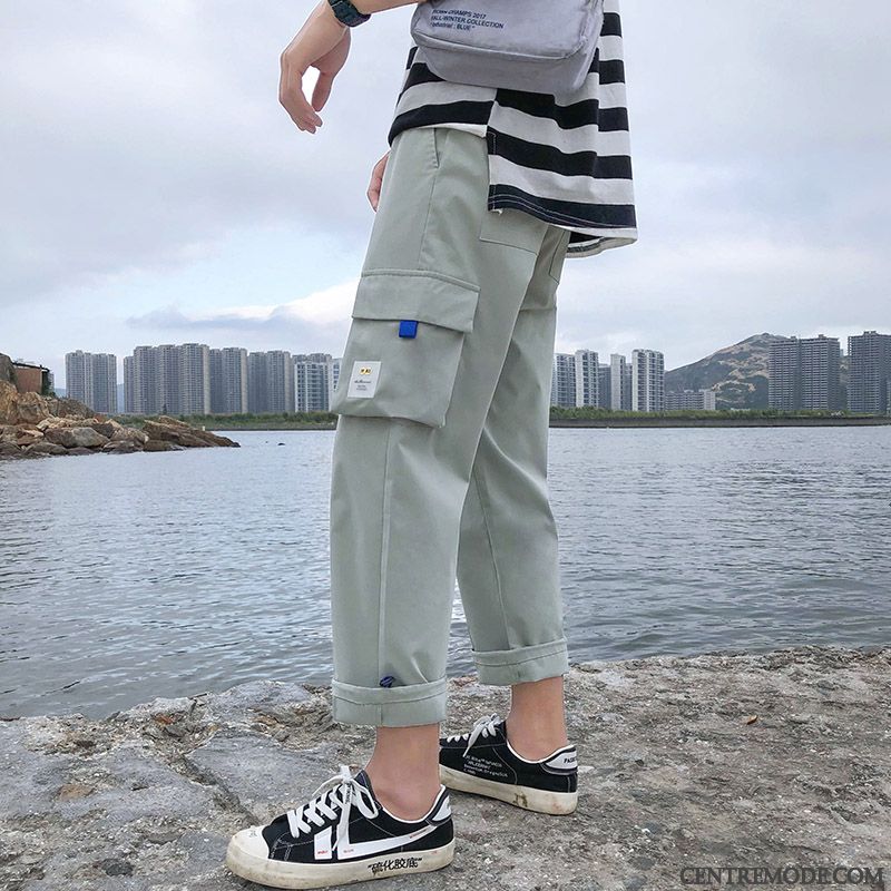 Pantalon Cargo Homme Été Tendance Légère Jambe Droite Baggy Décontractée Blanc