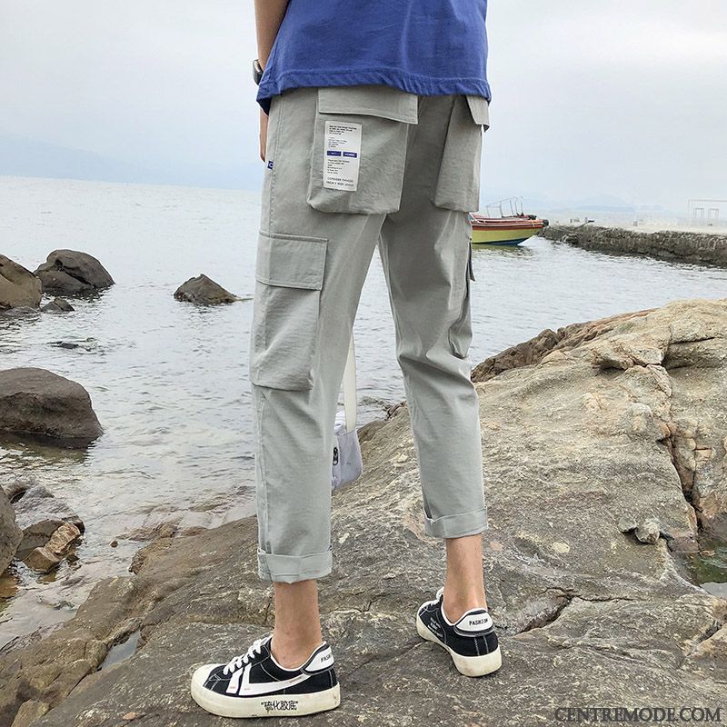 Pantalon Cargo Homme Été Tendance Légère Jambe Droite Baggy Décontractée Blanc