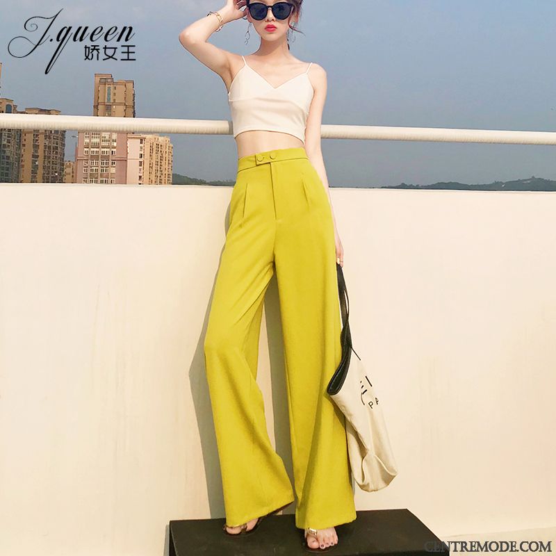 Pantalons Femme Haute Cintrée Baggy Été Légère Mousseline De Soie Jambe Droite Rouge Jaune