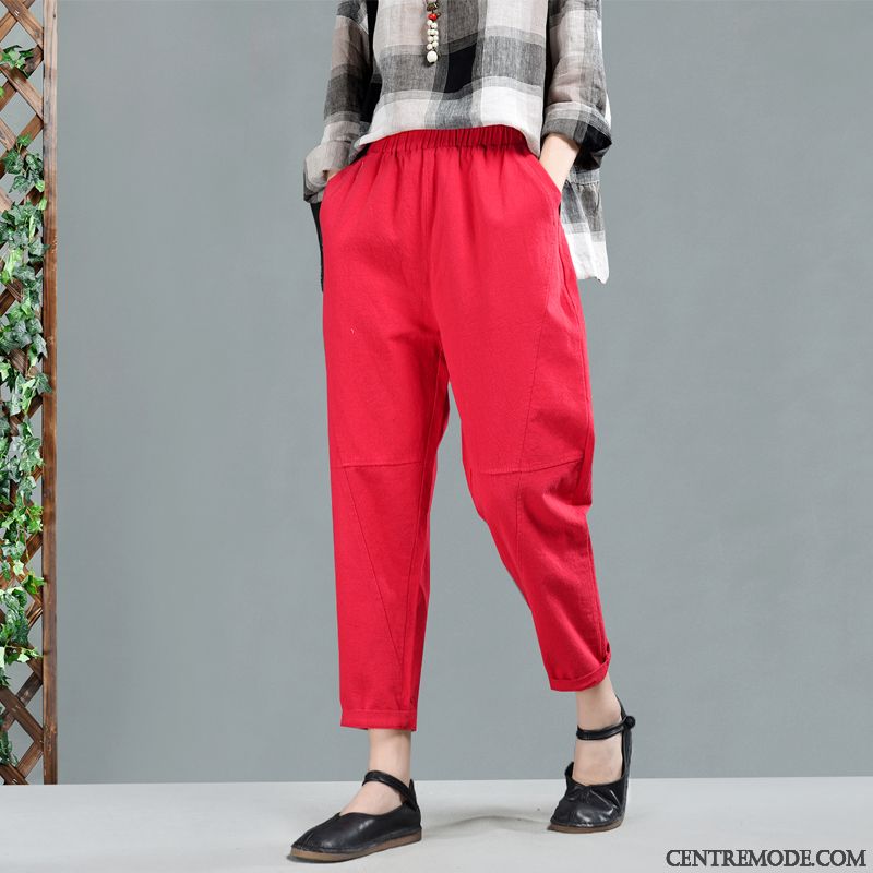 Pantalons Femme Lin Décontractée Élastique Baggy Printemps Art Rouge