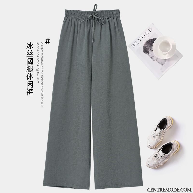 Pantalons Femme Soie De Glace Jambe Droite Été Mince Baggy Haute Cintrée Noir
