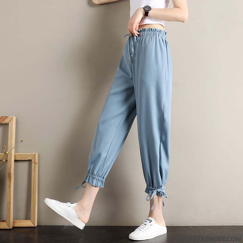 Pantalons Femme Été Haute Cintrée Baggy Mince Fleur Soie De Glace Bleu