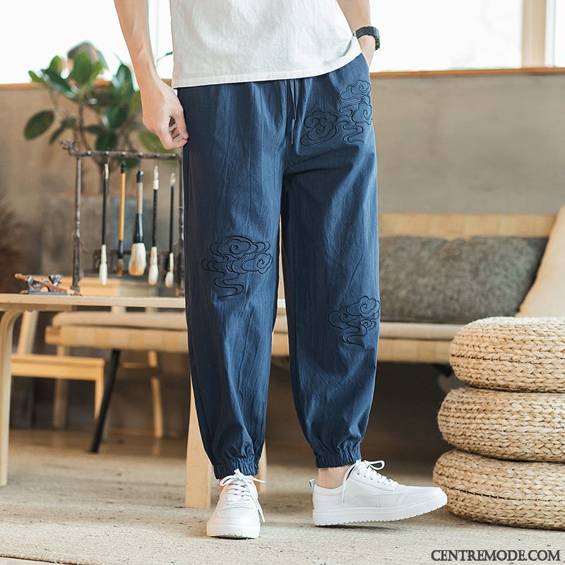 Pantalons Homme Serrés L'automne Style Chinois Grande Taille Maigre Décontractée Impression Bleu Gris