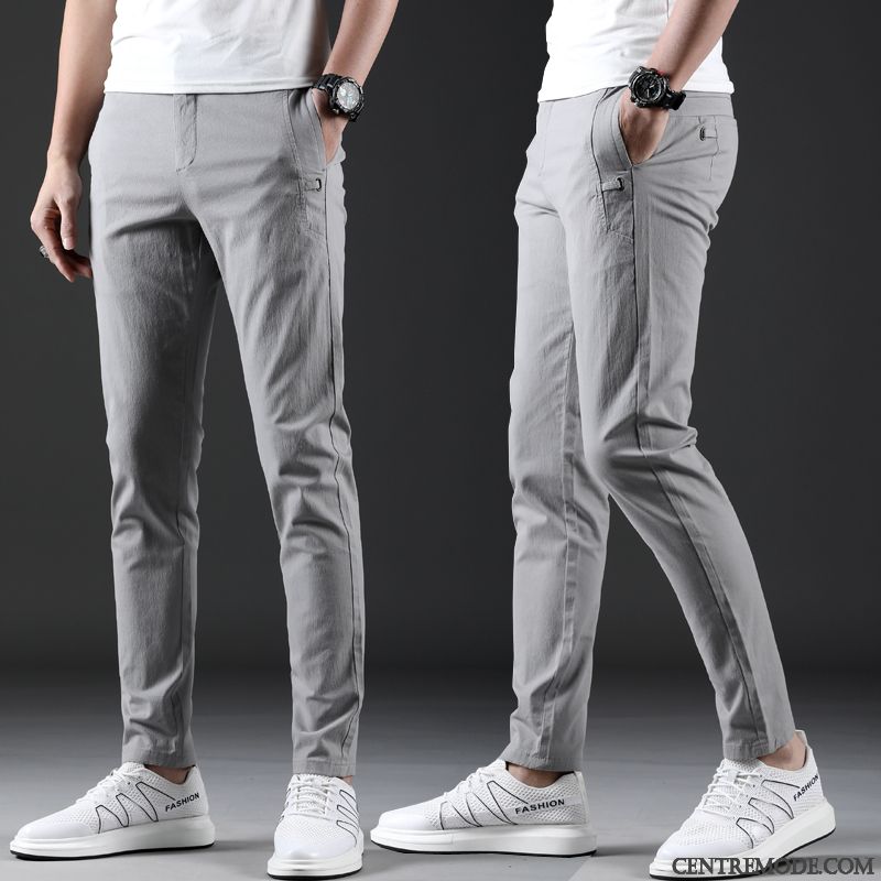 Pantalons Homme Tendance Légère Slim Coton Bio Été Jambe Droite Gris Clair