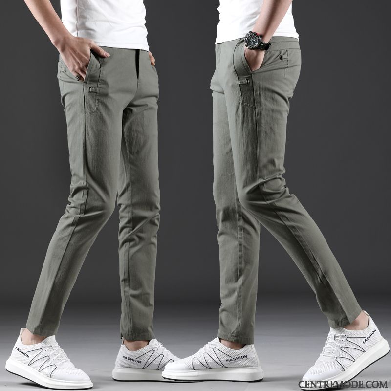 Pantalons Homme Tendance Légère Slim Coton Bio Été Jambe Droite Gris Clair