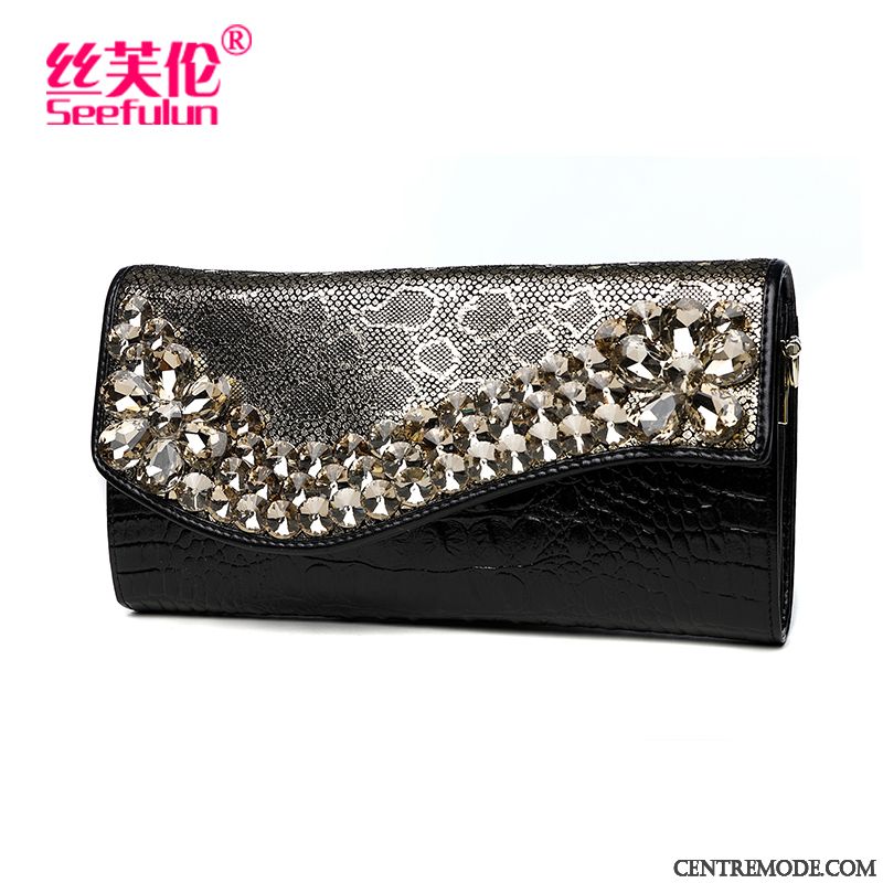 Portefeuille Femme Mode Banquet Tendance Grande Capacité Pochette Diamant Noir