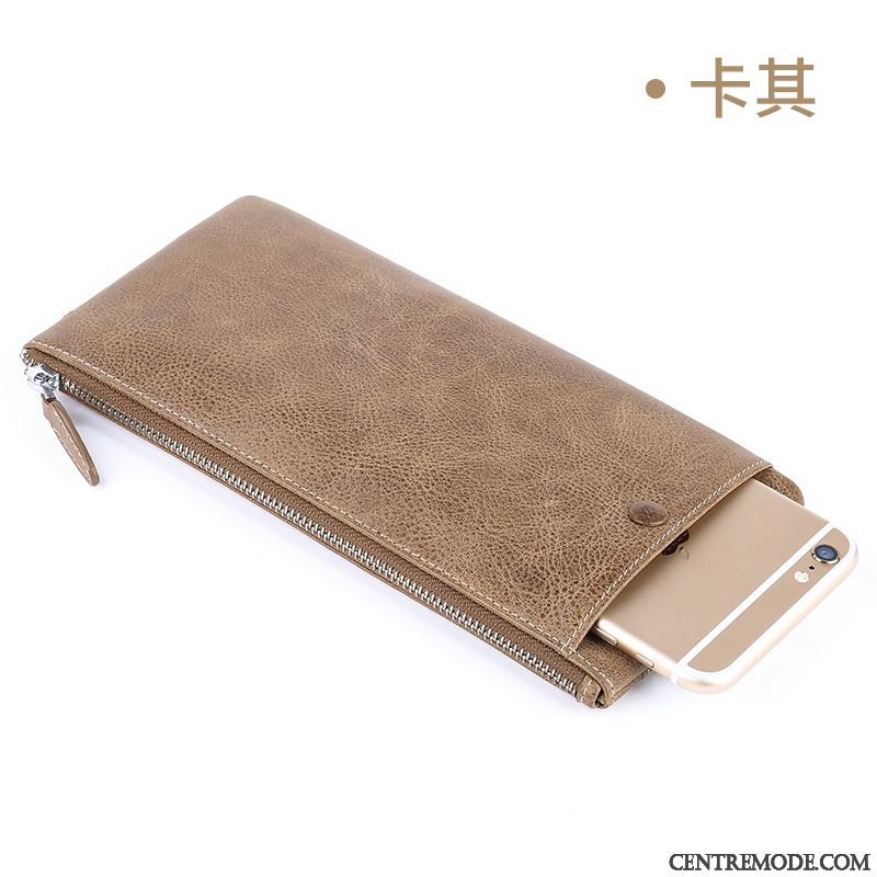 Portefeuille Homme Jeunesse Cuir Véritable Pochette Grande Capacité Longue Section Fermeture Éclair