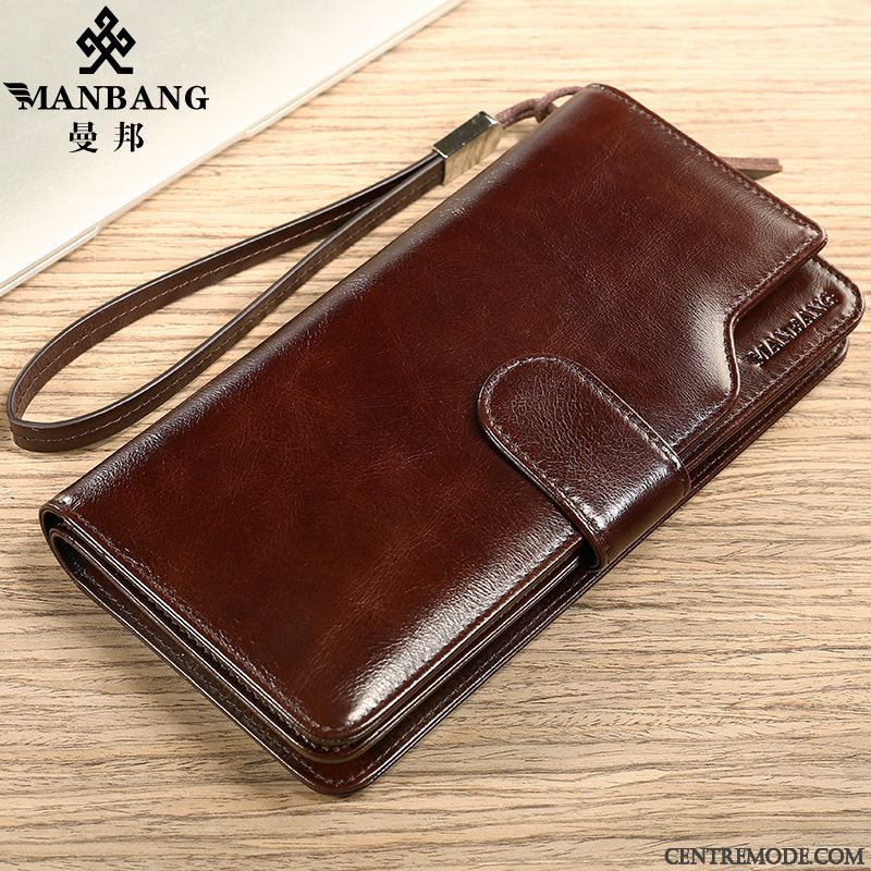 Portefeuille Homme Longue Section Jeunesse Cuir De Vache Pochette Grande Capacité Cuir Véritable Marron