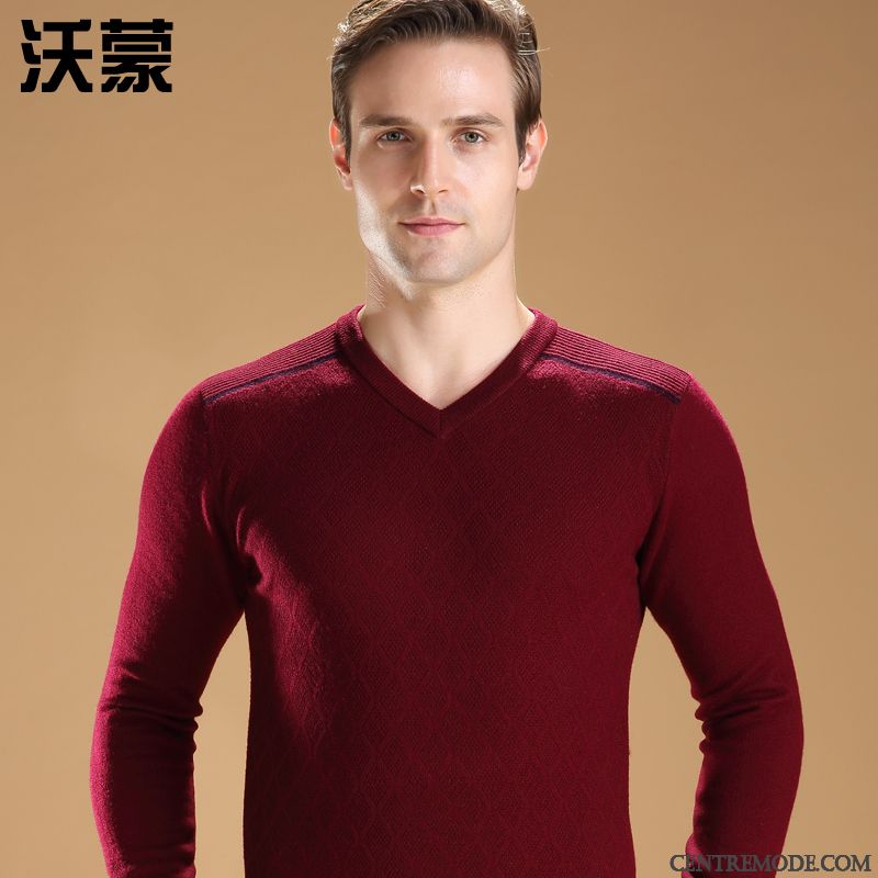 Pull En Laine Pas Cher Homme Vin Rouge Lilas, Pull Jacquard Homme