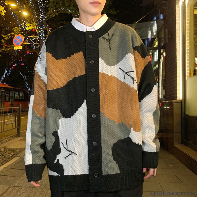 Pulls Gilets Homme Cardigan Marque De Tendance Épais Baggy Manteau Outwear Couleurs Mixtes Noir