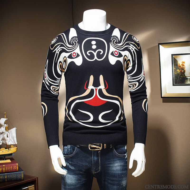 Pulls Gilets Homme Knitwear Tendance Vêtements D'hiver Grande Taille Chemise En Bas Épaissir Impression Noir