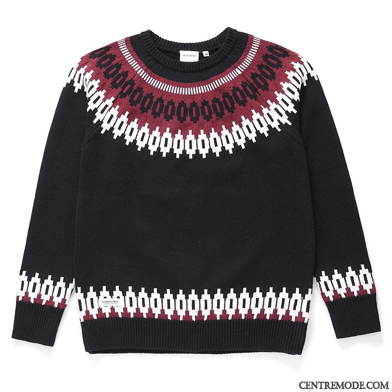 Pulls Gilets Homme Tendance Fantaisie Baggy Rétro Pullovers Col Rond Couleur De Contraste Noir