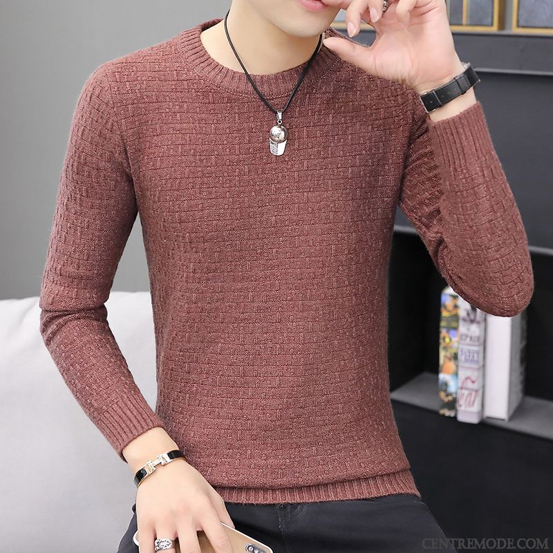 Pulls Gilets Homme Tendance Knitwear Col Rond Jeunesse L'automne Slim Pure Rouge