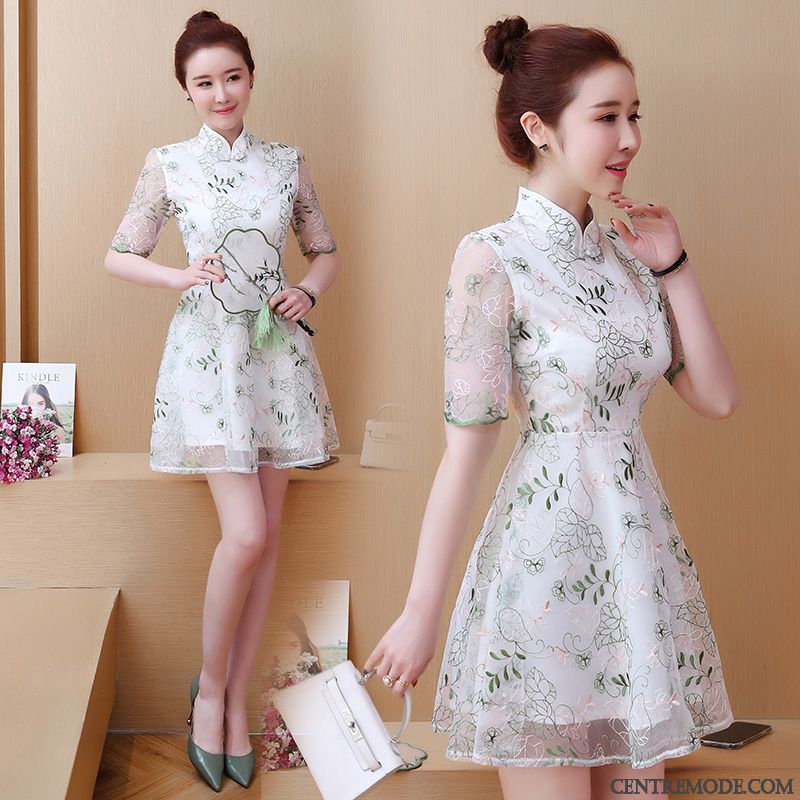 Robes Femme Cheongsam Floral Manche Été Dentelle Rose