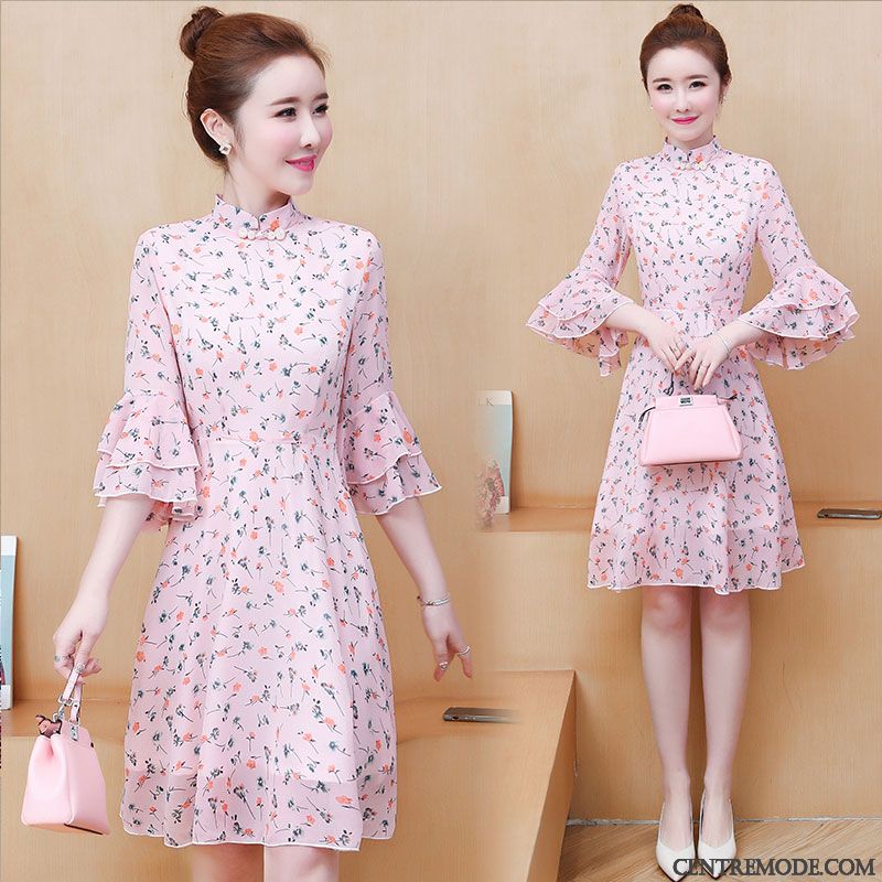 Robes Femme Cheongsam Floral Manche Été Dentelle Rose