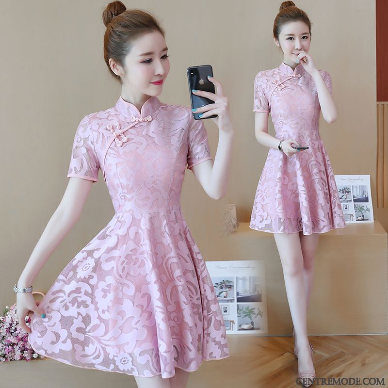 Robes Femme Cheongsam Floral Manche Été Dentelle Rose