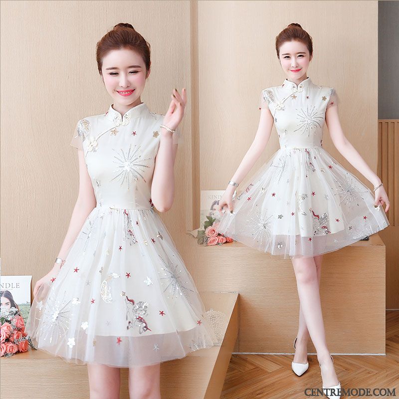 Robes Femme Cheongsam Floral Manche Été Dentelle Rose