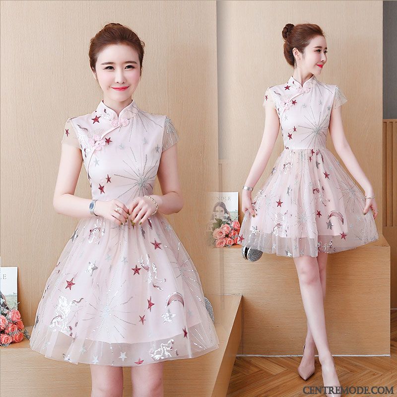 Robes Femme Cheongsam Floral Manche Été Dentelle Rose