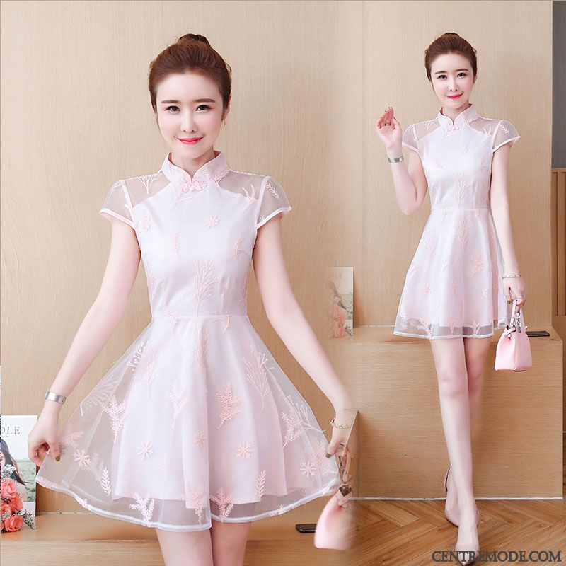 Robes Femme Cheongsam Floral Manche Été Dentelle Rose