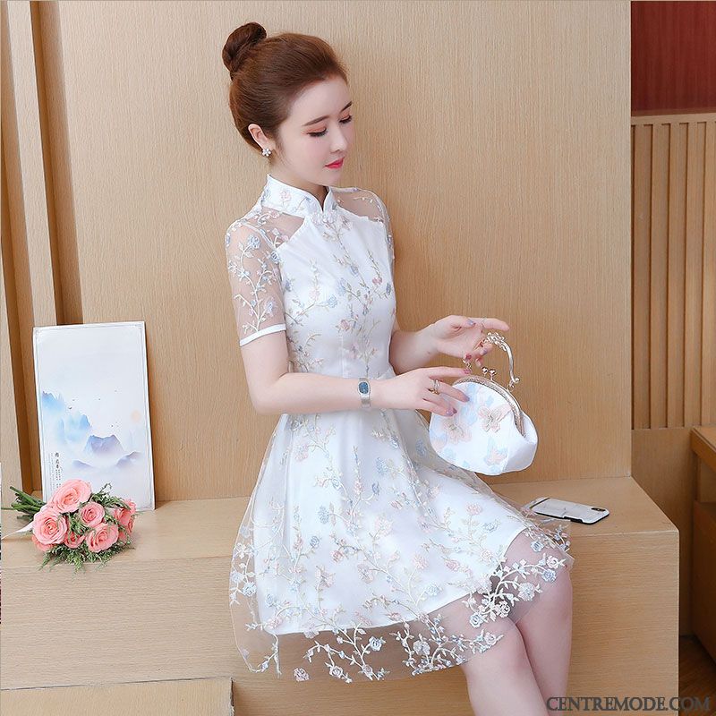 Robes Femme Cheongsam Floral Manche Été Dentelle Rose