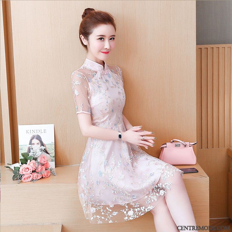 Robes Femme Cheongsam Floral Manche Été Dentelle Rose