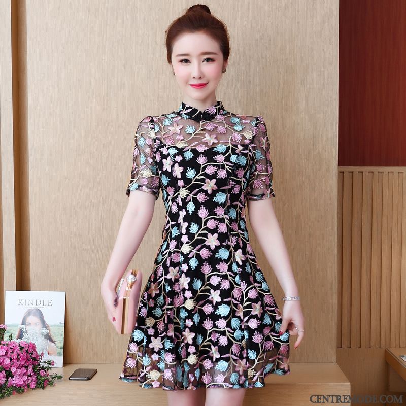 Robes Femme Cheongsam Floral Manche Été Dentelle Rose