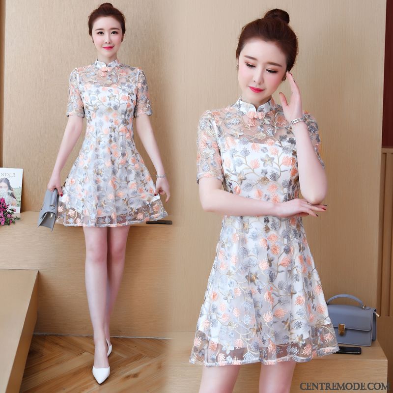 Robes Femme Cheongsam Floral Manche Été Dentelle Rose