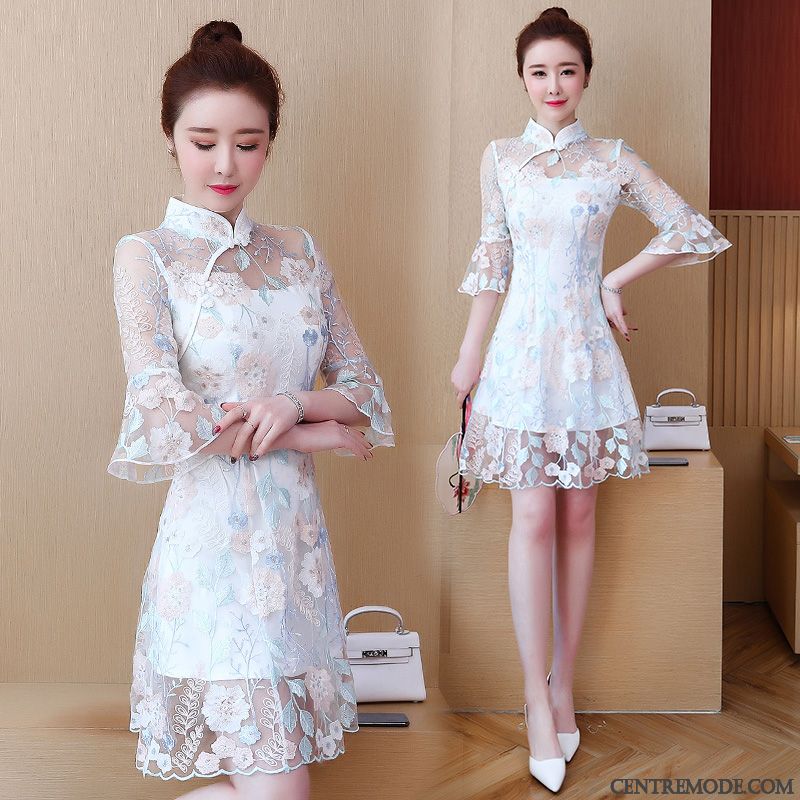 Robes Femme Cheongsam Floral Manche Été Dentelle Rose