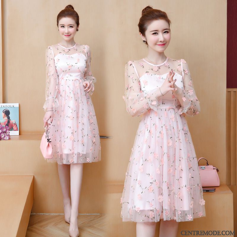 Robes Femme Cheongsam Floral Manche Été Dentelle Rose