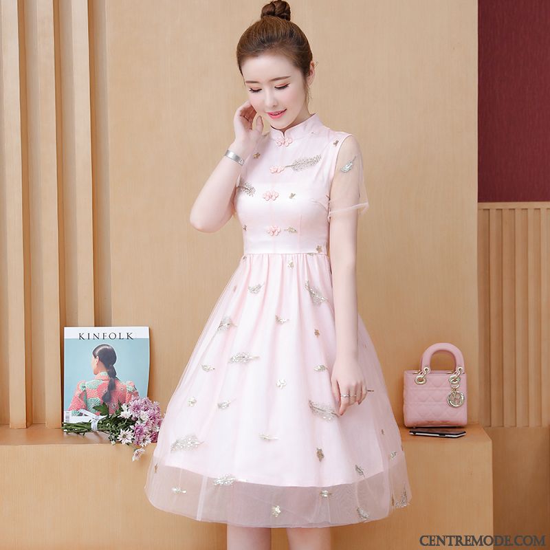 Robes Femme Cheongsam Floral Manche Été Dentelle Rose