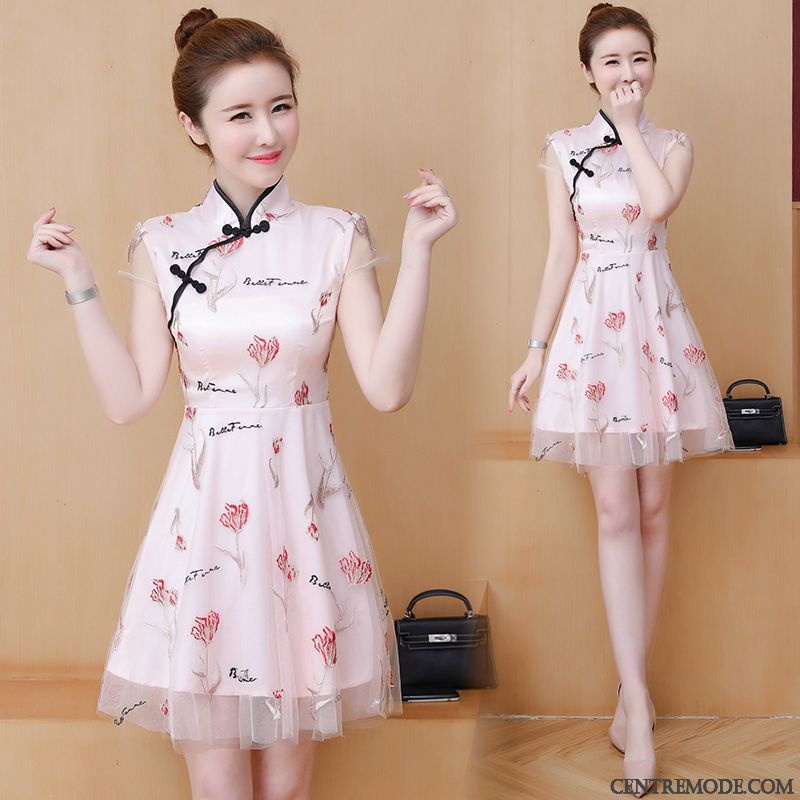 Robes Femme Cheongsam Floral Manche Été Dentelle Rose