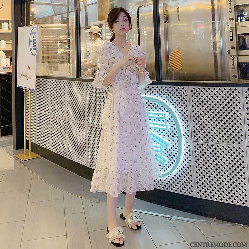 Robes Femme La Mode Été Mousseline De Soie Mince Tendance Floral Blanc