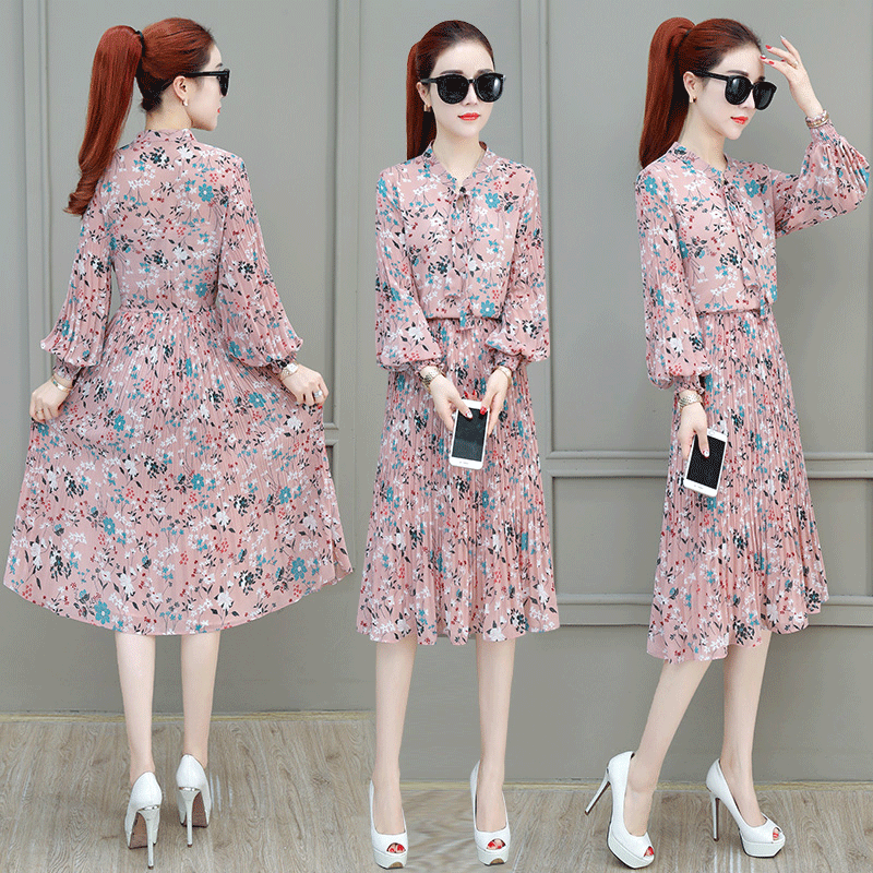 Robes Femme Mousseline De Soie Tempérament Printemps Longues Mode Floral Bleu