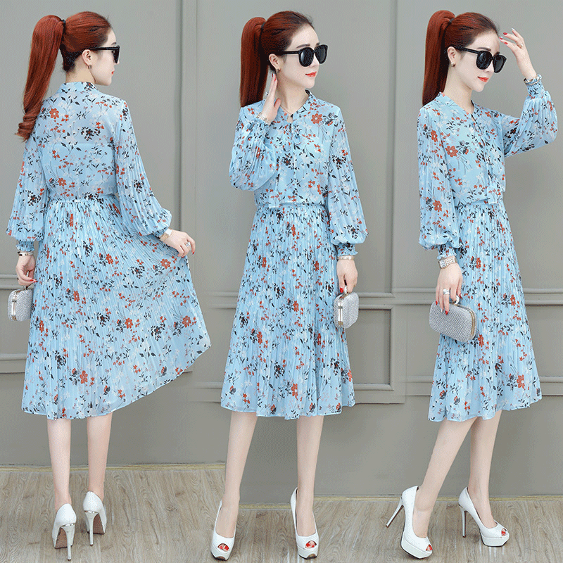 Robes Femme Mousseline De Soie Tempérament Printemps Longues Mode Floral Bleu