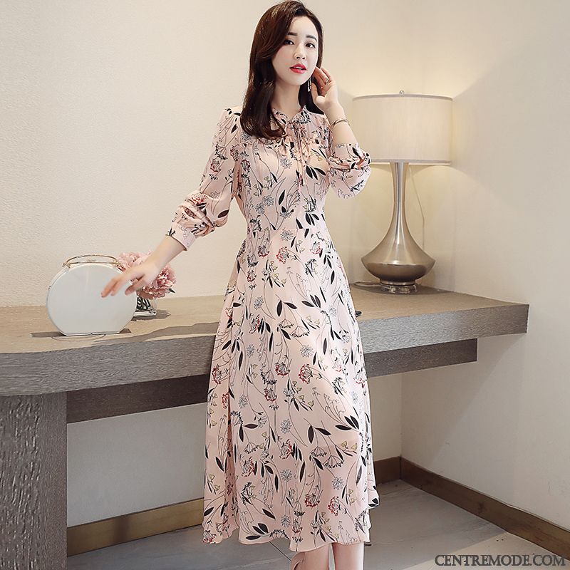 Robes Femme Tempérament Rétro Nervurées Printemps Longue Mousseline De Soie Blanc